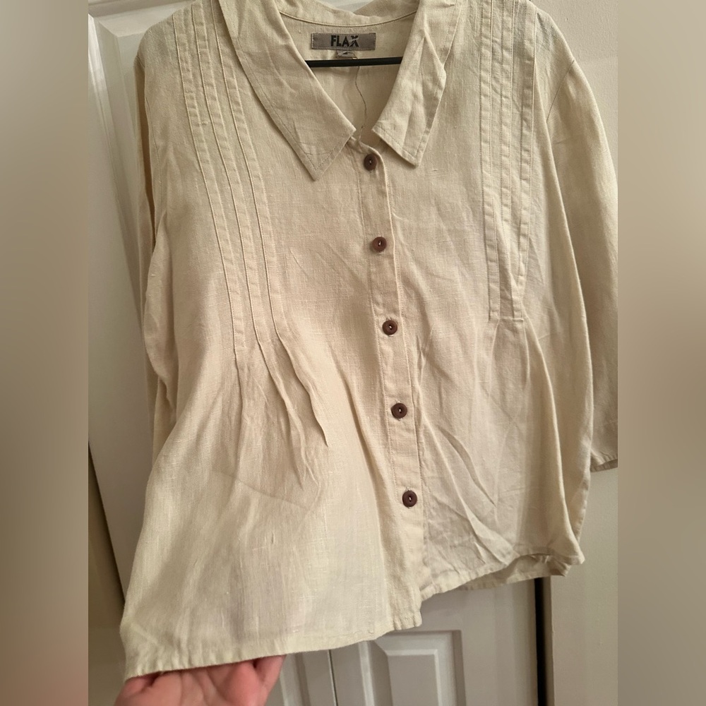 FLAX 100% Linen Pleated Blouse Medium Neutral Coastal French Girl Boho Cream - Picture 6 of 7